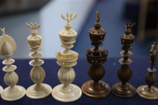 An 18th century Anglo Indian brown stained and natural ivory part chess set, king 5in.